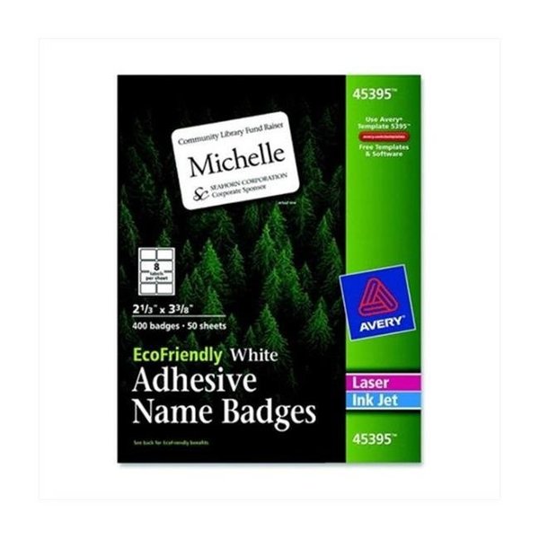 Avery Avery 067672 Self-Adhesive Name Badge Label For Laser Or Inkjet Printers - 2.33 x 3.37 In. - Paper; White; Pack Of 400 67672